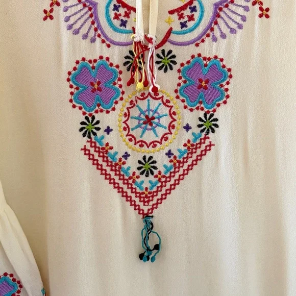 Boho Embroidered Peasant Dress Cream Fringe Festival Tunic Midi S - Picture 5 of 14
